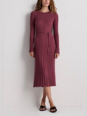 Quince Ribbed Cotton Cashmere Knit Midi Dress Tie Waist Dusty Rose Long Sleeve